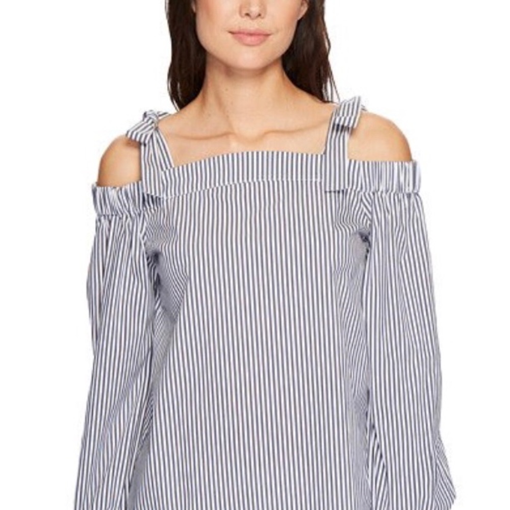 Michael Kors Metallic Striped Cold-Shoulder Top.